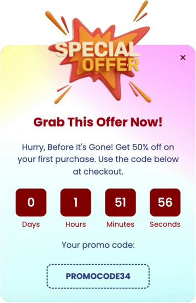 First Purchase Countdown Popup Template for Quick Sales