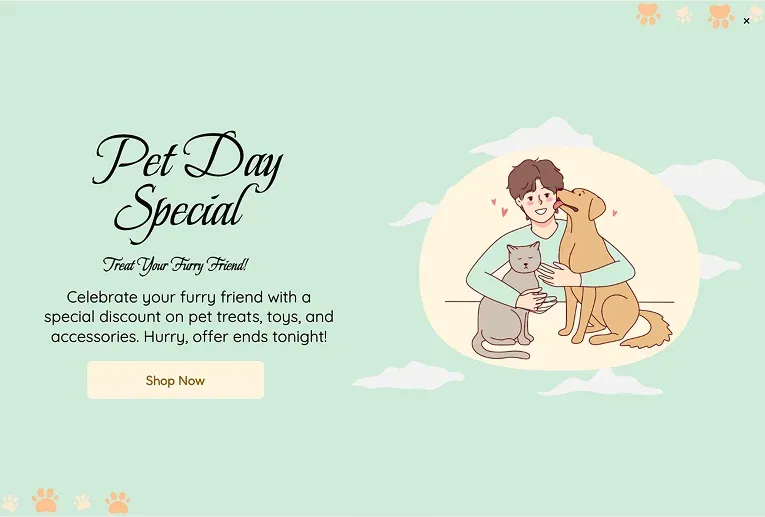 National Pet Day Full Screen Popup Template for Promoting Discounts